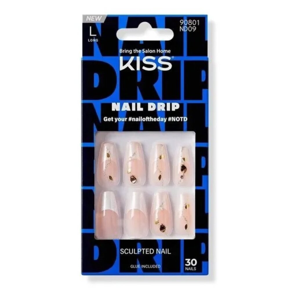 Kiss Nail Drip Gold Glue-On Fake Nails, Gold Jeweled Press On Manicure, Long